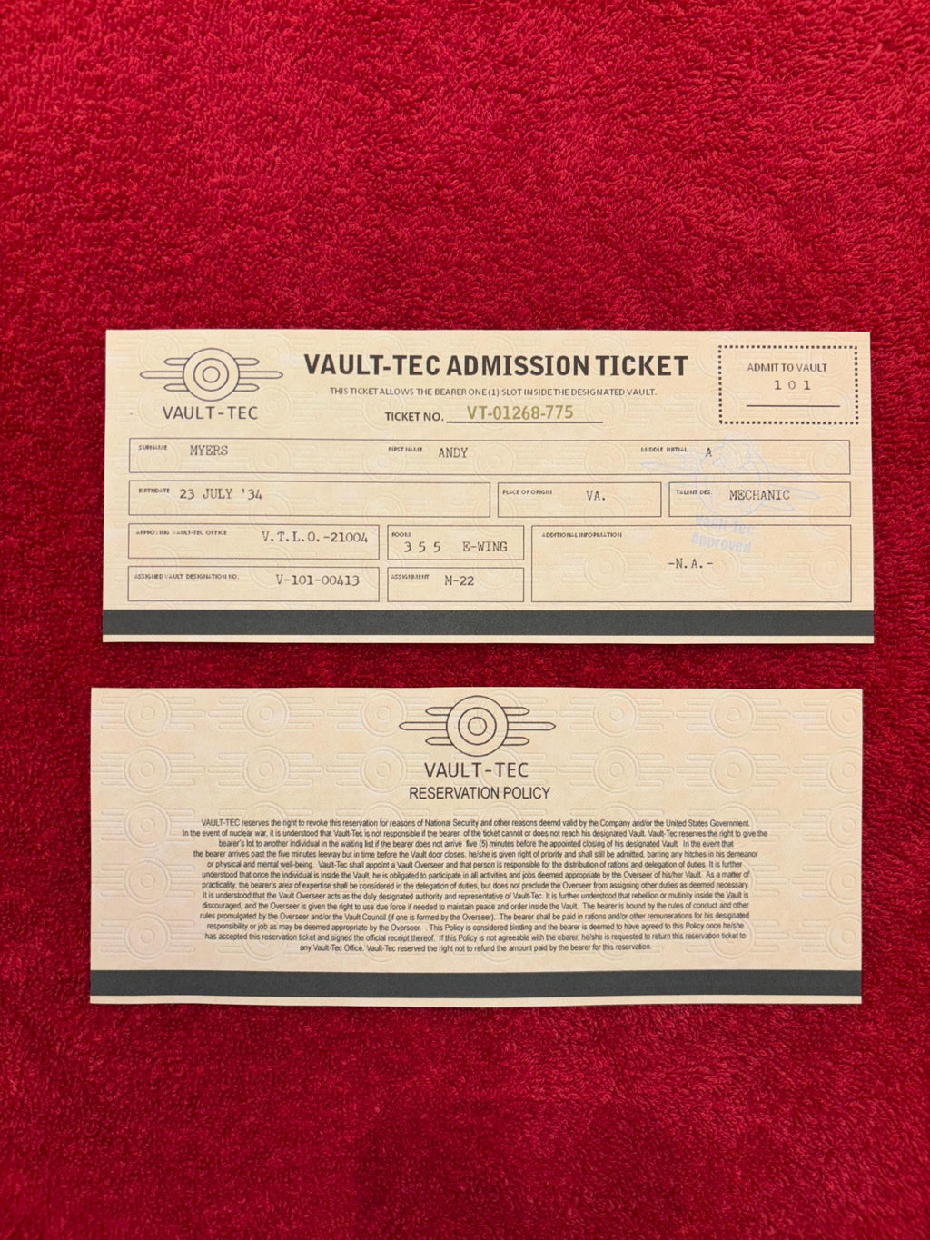 Fallout Customizable Vault Tec Admission Ticket