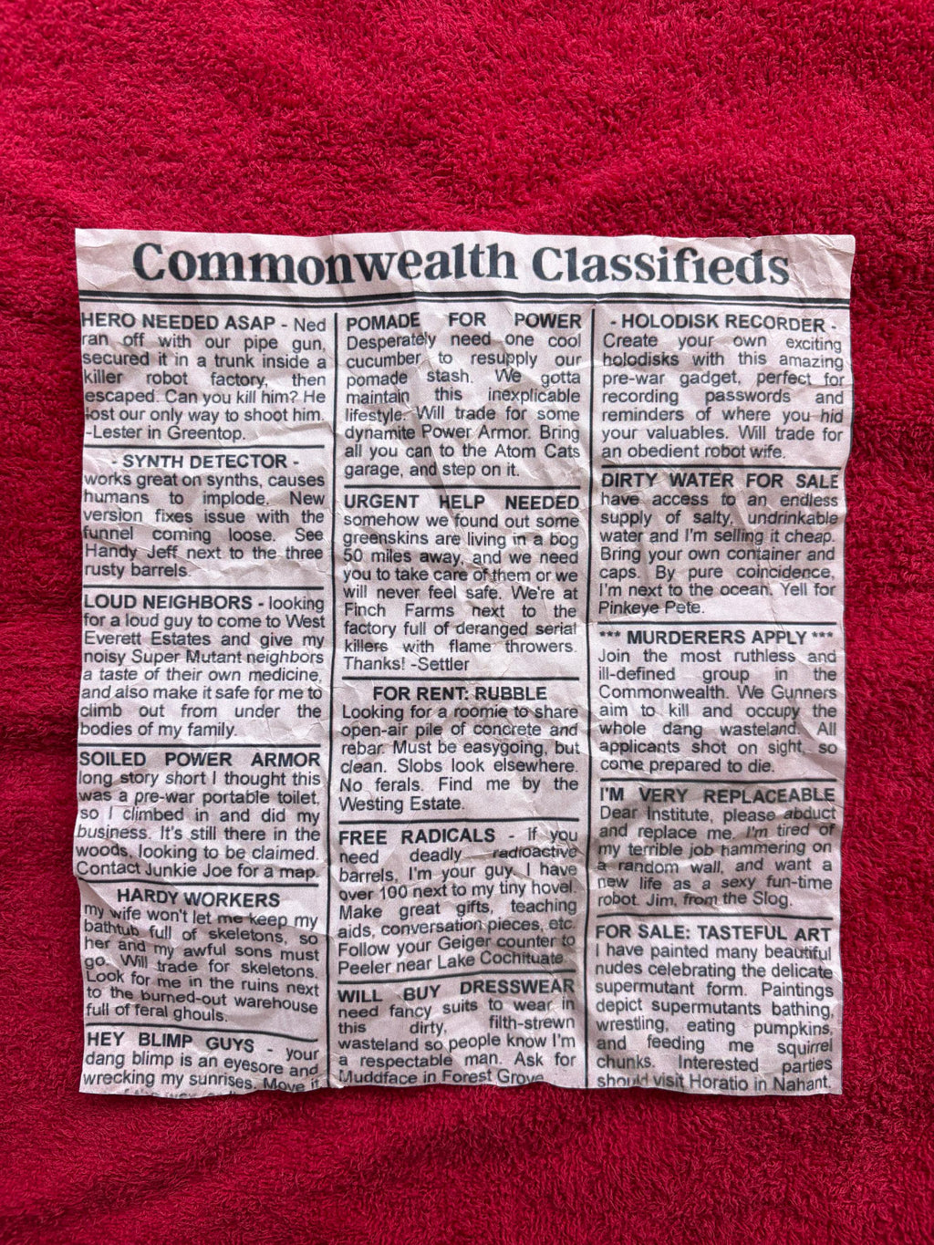 Fallout Commonwealth Classifieds Newspaper Clipping